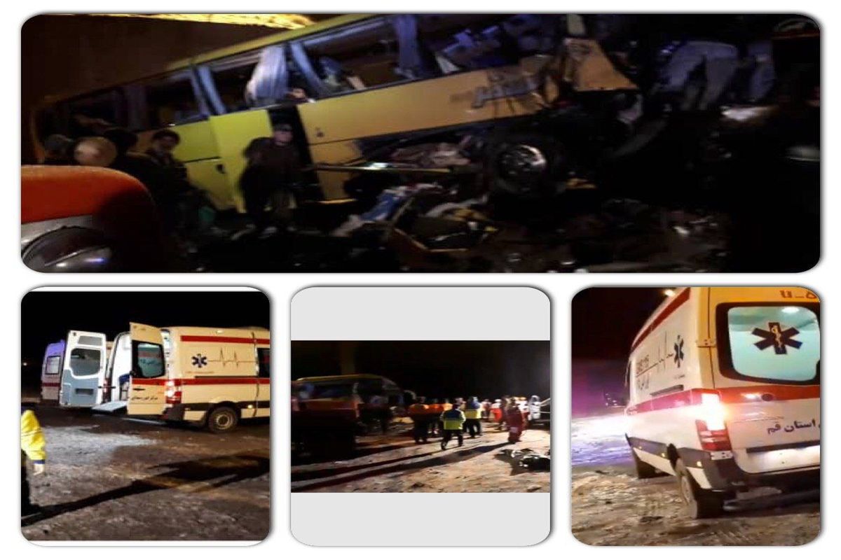 واژگونی اتوبوس با ۱۶ مجروح و فوتی در قم/۱۰ آمبولانس اورژانس به منطقه اعزام شد