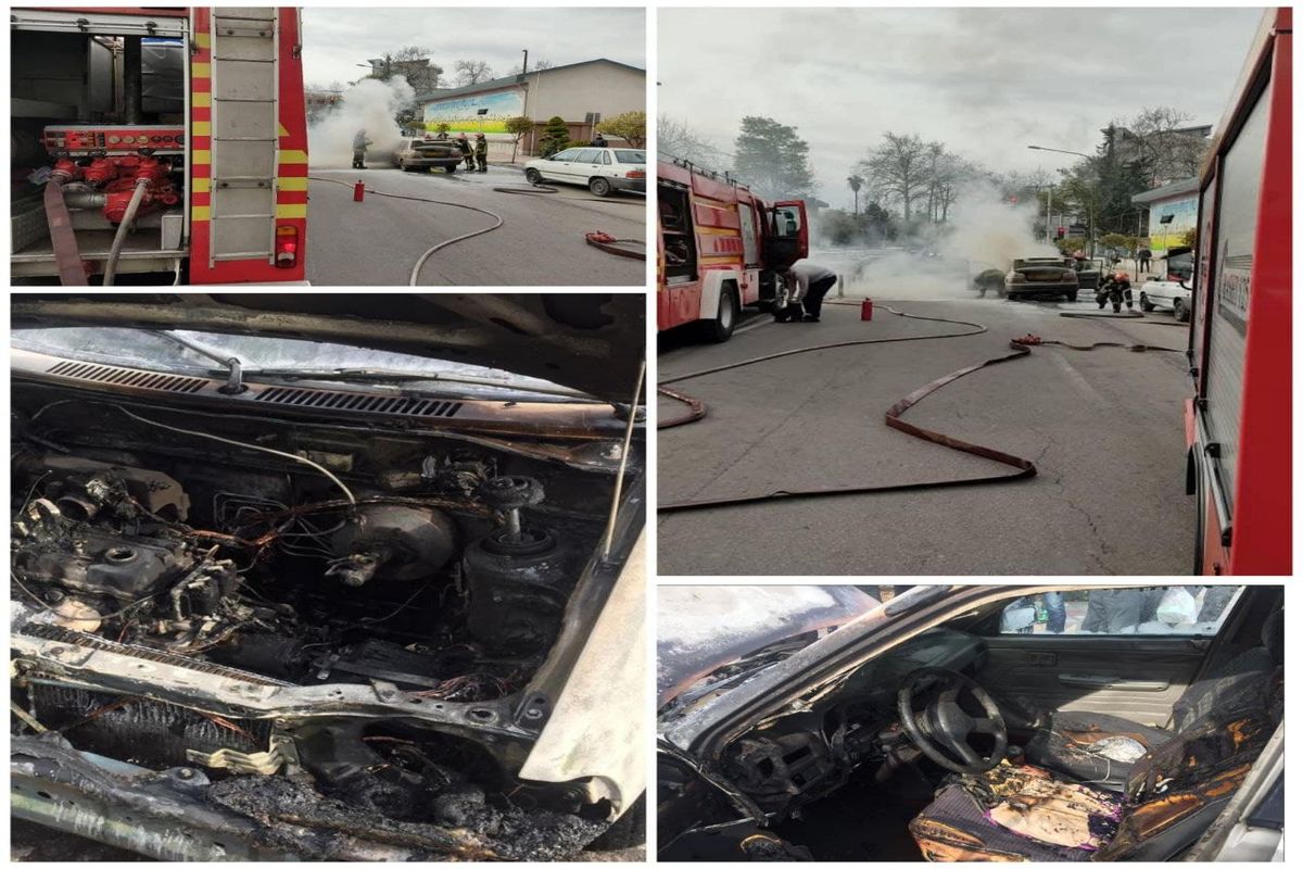 مهار آتش سوزی خودروی پراید در خیابان پرستار رشت