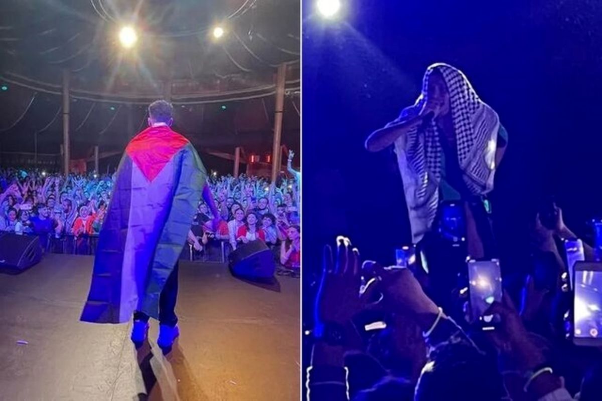 خواننده مصری پرچم فلسطین را در پاریس بالا برد