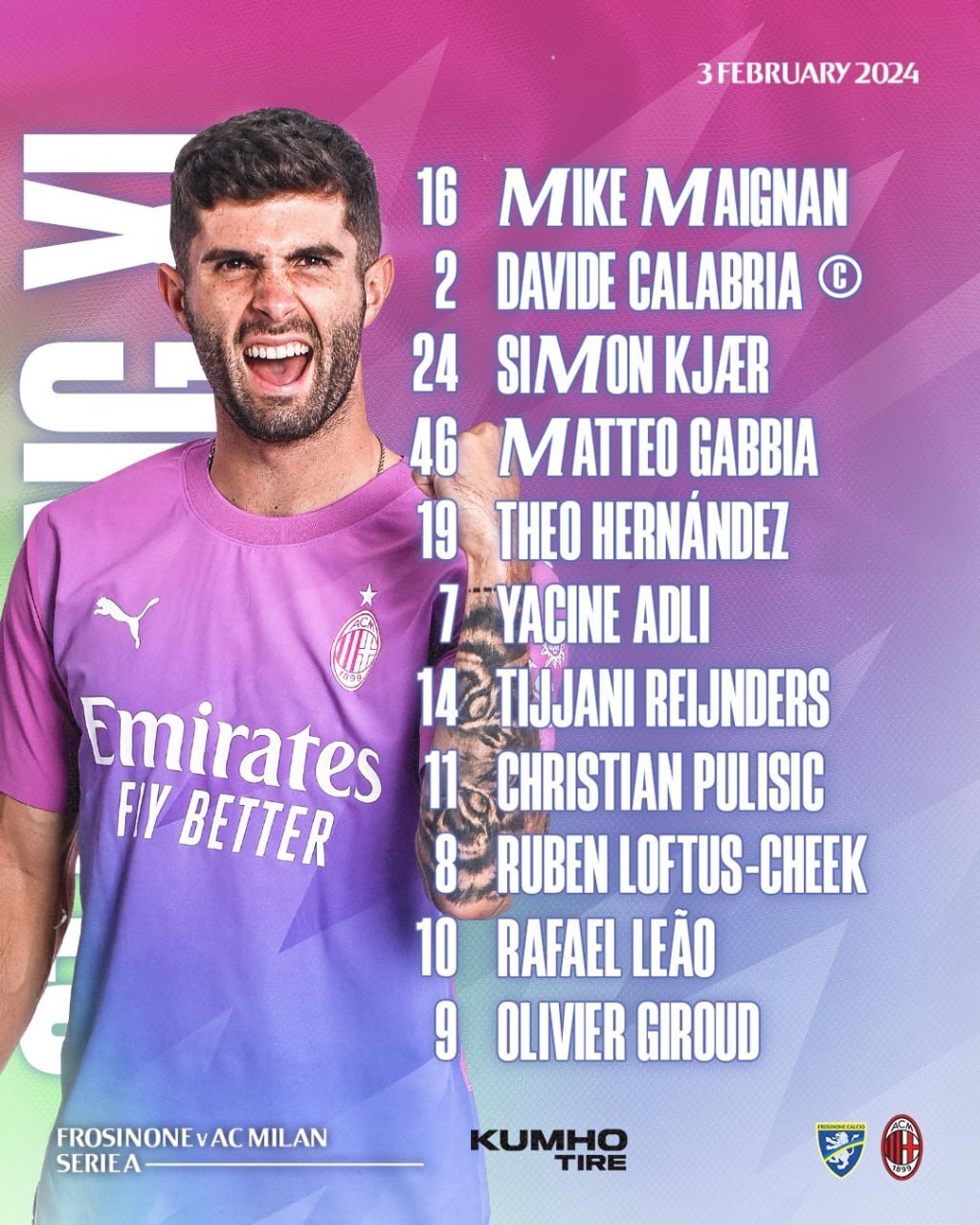 اعلام ترکیب میلان مقابل فروزینونه