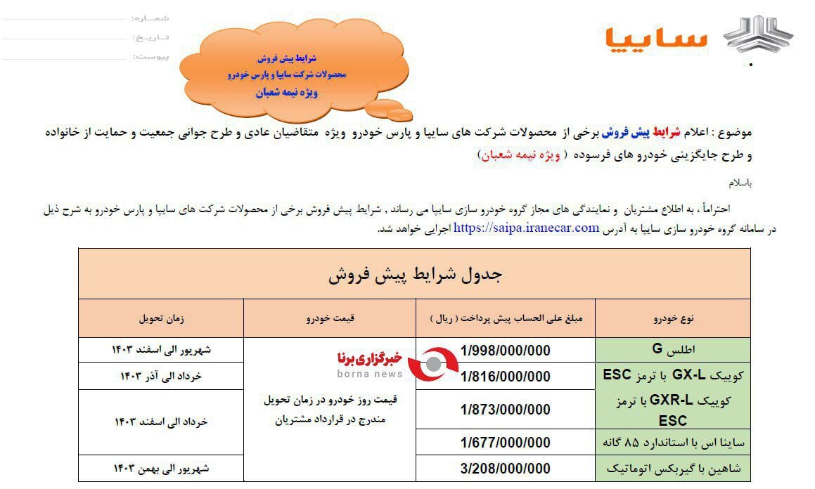 جزییات طرح پیش فروش ۵ محصول سایپا ویژه اعیاد شعبانیه اعلام شد جزییات طرح پیش فروش ۵ محصول سایپا ویژه اعیاد شعبانیه اعلام شد