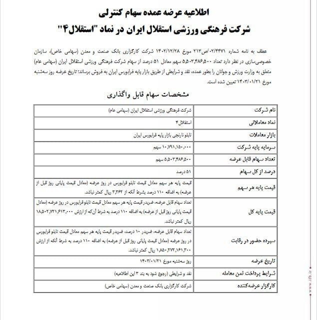 فروش استقلال ۱۰ روز پس از عرضه سهام پرسپولیس فروش استقلال ۱۰ روز پس از عرضه سهام پرسپولیس