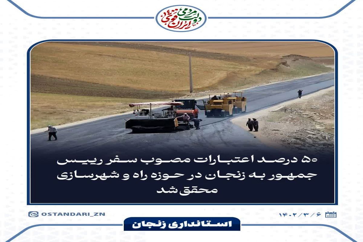 ۵۰ درصد اعتبارات مصوب سفر رییس جمهور به زنجان در حوزه راه و شهرسازی محقق شد