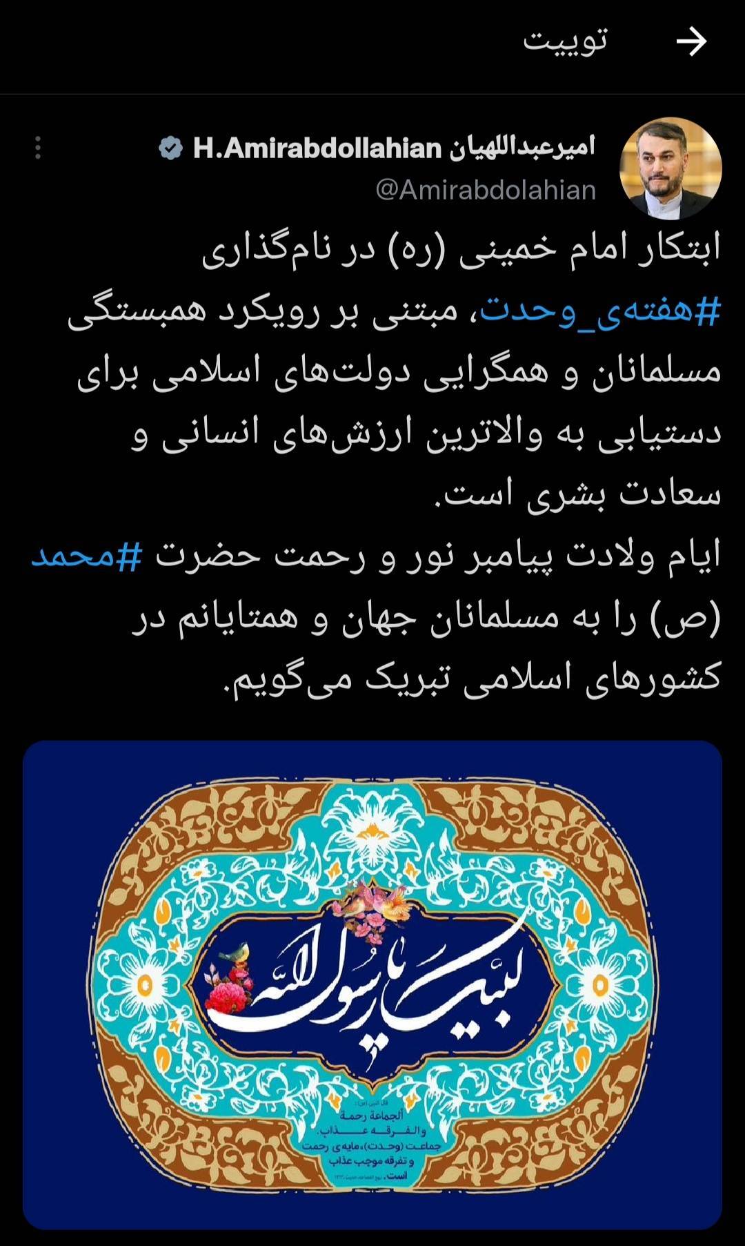 امیر عبداللهیان: ابتکار امام خمینی (ره) در نام گذاری هفته وحدت ،مبتنی بر رویکرد همبستگی مسلمانان برای رسیدن به سعادت بشری است