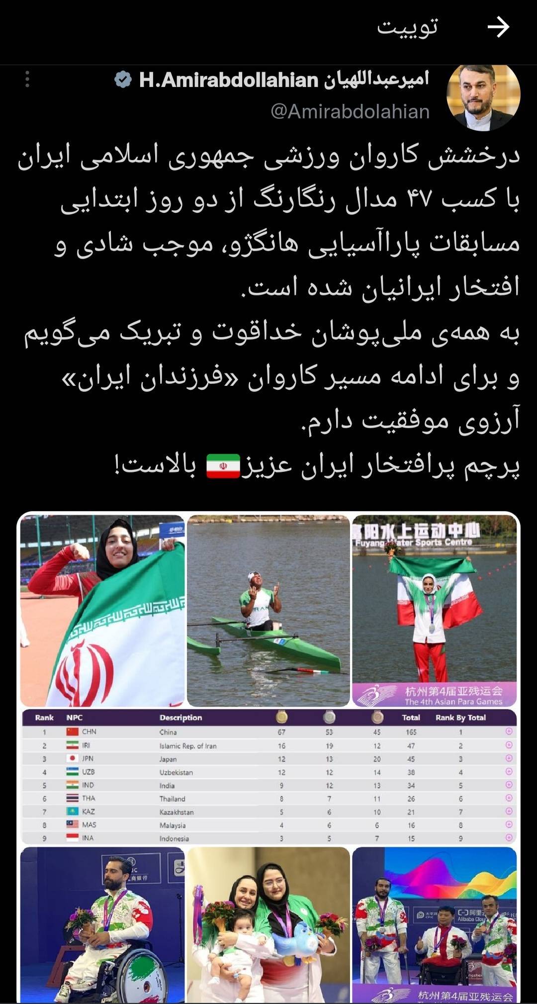 درخشش کاروان ایران با کسب 47 مدال رنگارنگ در دو روز ابتدایی مسابقات پارا آسیایی هانگژو درخشش کاروان ایران با کسب 47 مدال رنگارنگ در دو روز ابتدایی مسابقات پارا آسیایی هانگژو