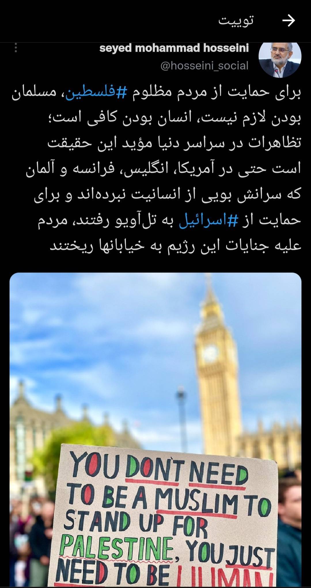 محمد حسینی: برای حمایت از مردم مظلوم فلسطین مسلمان بودن لازم نیست و انسان بودن کافی است محمد حسینی: برای حمایت از مردم مظلوم فلسطین مسلمان بودن لازم نیست و انسان بودن کافی است