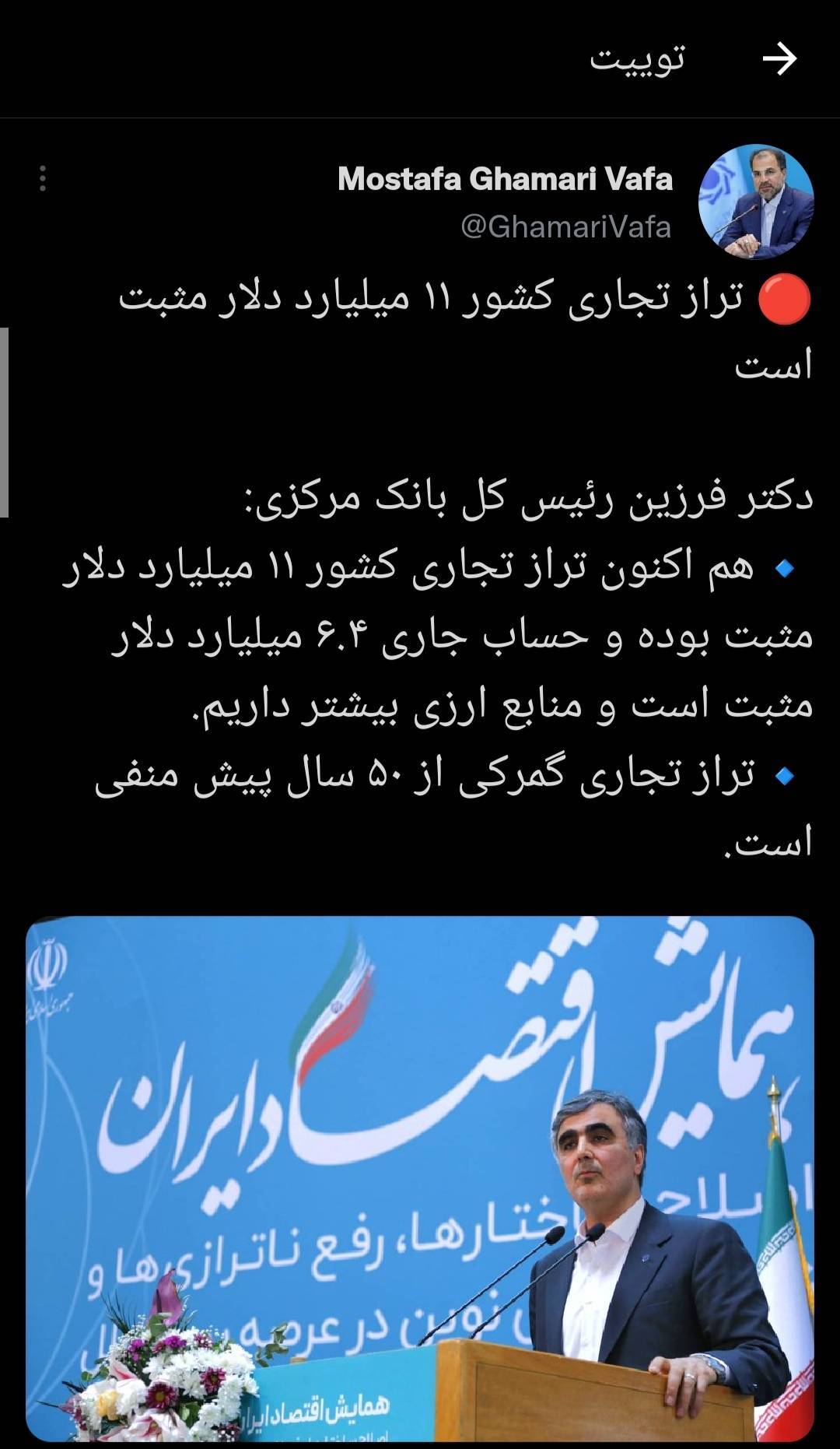 فرزین : تراز تجاری کشور 11 میلیارد دلار مثبت است