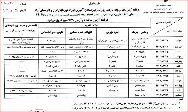برنامه امتحانات نهایی خردادماه ۱۴۰۳ دانش آموزان اعلام شد برنامه امتحانات نهایی خردادماه ۱۴۰۳ دانش آموزان اعلام شد