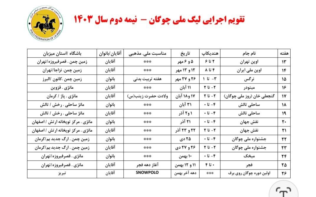برنامه آغاز لیگ ملی چوگان اعلام شد برنامه آغاز لیگ ملی چوگان اعلام شد