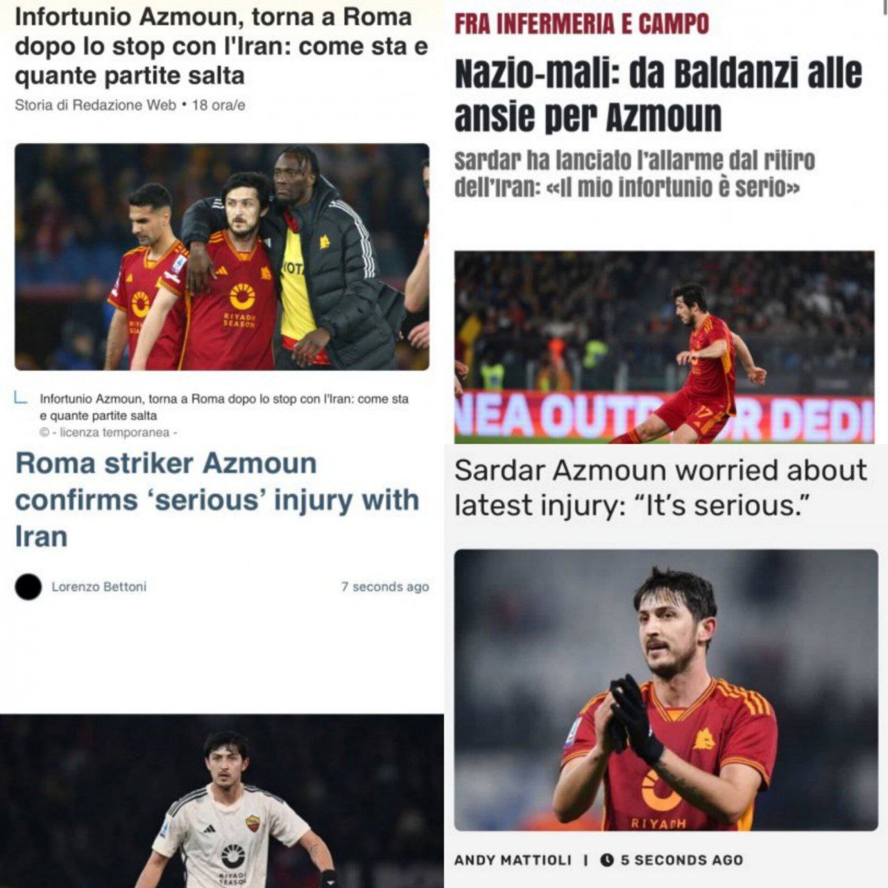 بازتاب مصدومیت سردار آزمون در رسانه‌های ایتالیایی + تصاویر