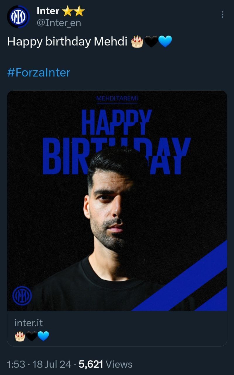 باشگاه اینتر به مهدی طارمی تبریک گفت