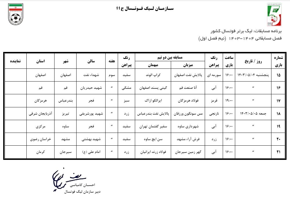 برنامه ۶ هفته ابتدایی لیگ برتر فوتسال