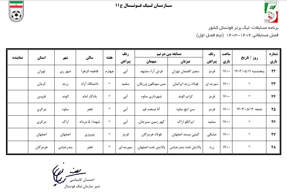 برنامه ۶ هفته ابتدایی لیگ برتر فوتسال