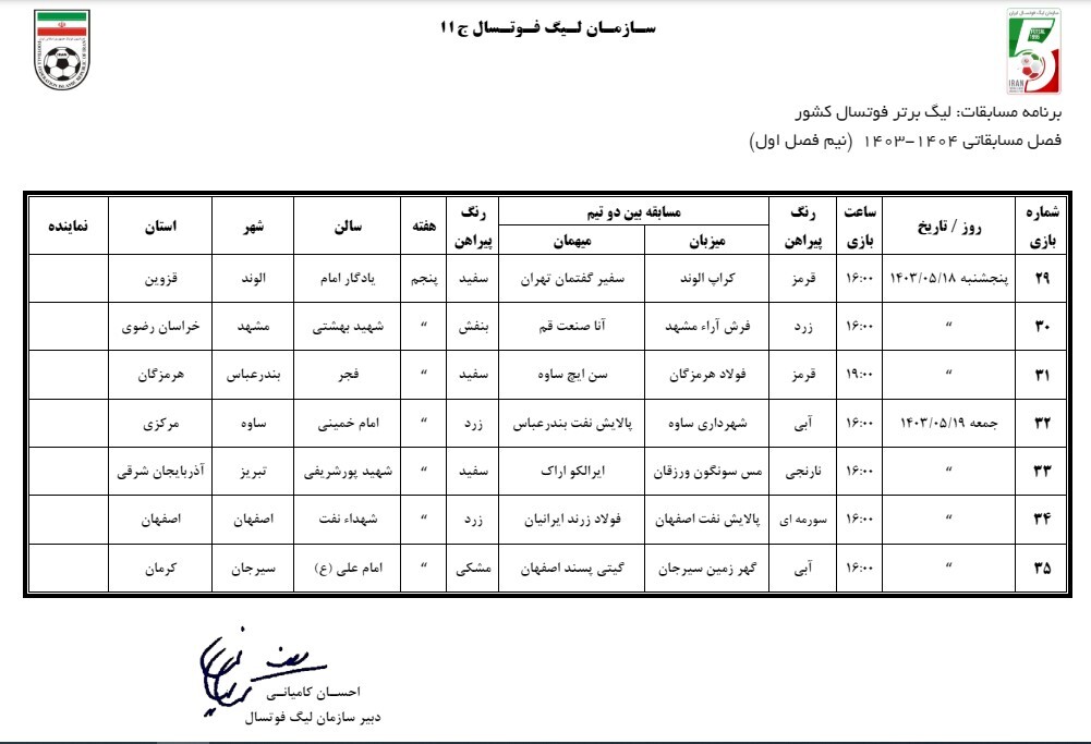 برنامه ۶ هفته ابتدایی لیگ برتر فوتسال