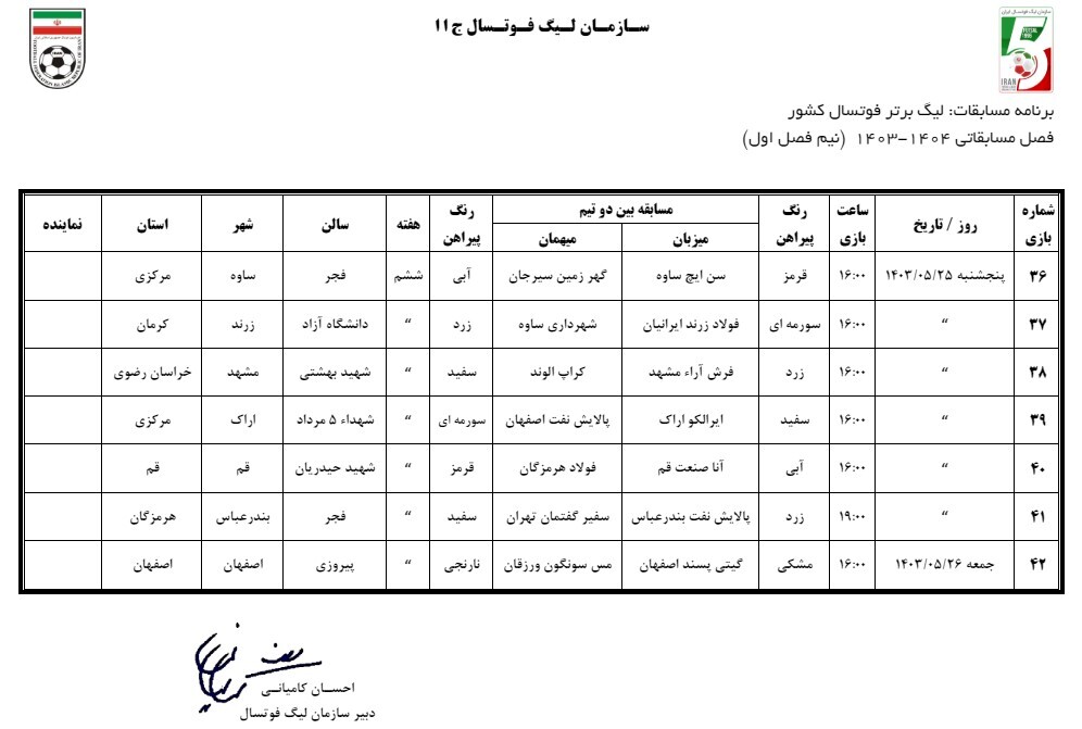 برنامه ۶ هفته ابتدایی لیگ برتر فوتسال