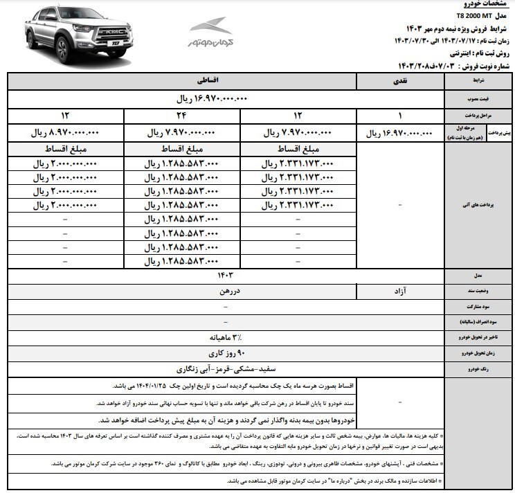 فروش ویژه اقساطی محصولات کرمان موتور (مهر ۱۴۰۳)