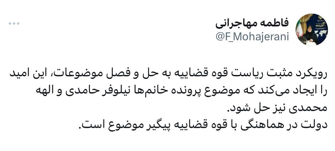 مهاجرانی: دولت پیگیر موضوع پرونده خانم‌ها نیلوفر حامدی و الهه محمدی است