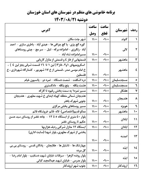 اطلاعیه برنامه زمان بندی خاموشی های برق خوزستان منتشر شد