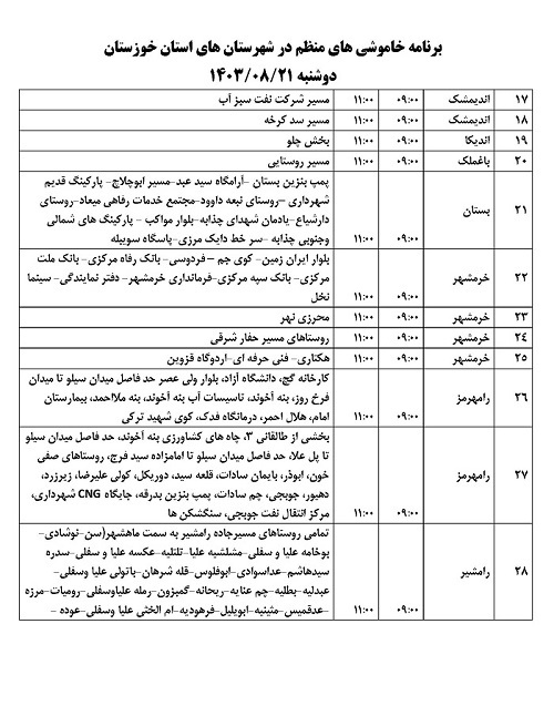 اطلاعیه برنامه زمان بندی خاموشی های برق خوزستان منتشر شد