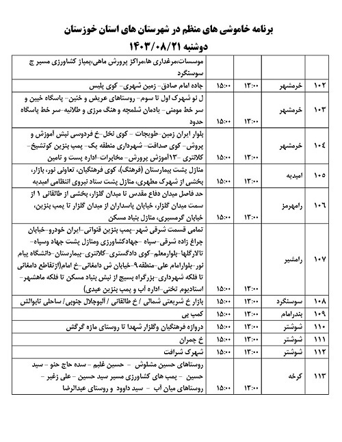 اطلاعیه برنامه زمان بندی خاموشی های برق خوزستان منتشر شد