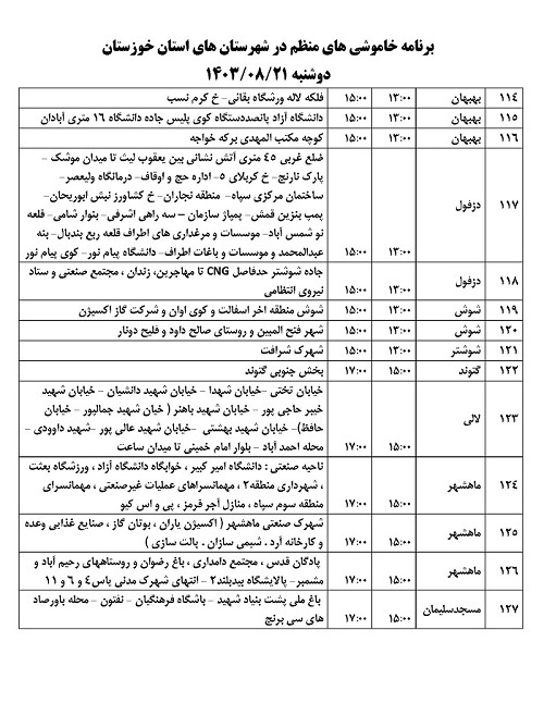 اطلاعیه برنامه زمان بندی خاموشی های برق خوزستان منتشر شد