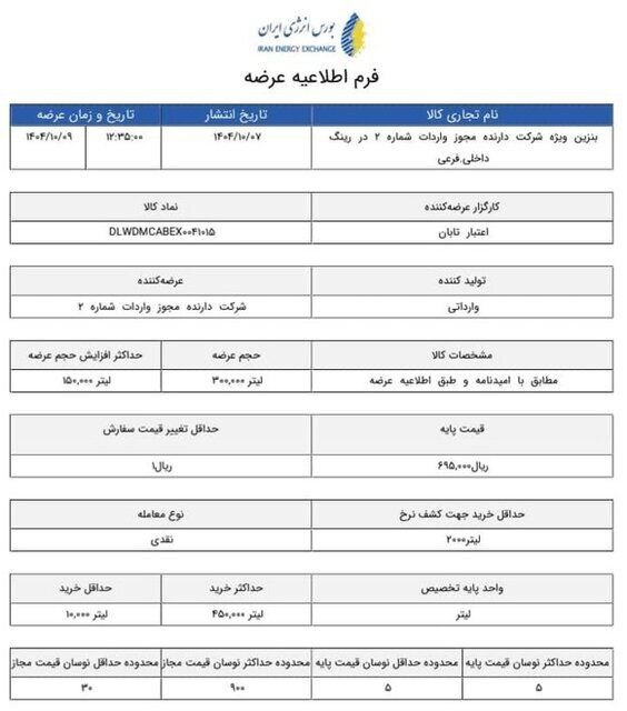 قیمت پایه بنزین سوپر وارداتی در بورس انرژی افزایش یافت