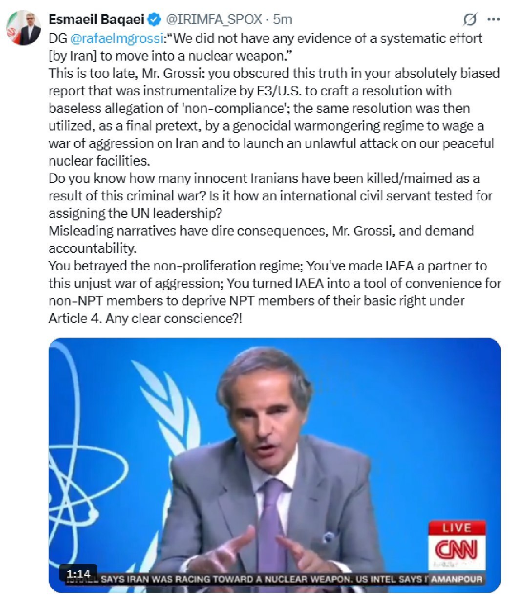 پیام سخنگوی وزارت امور خارجه خطاب به گروسی: شما به رژیم عدم اشاعه خیانت کردید