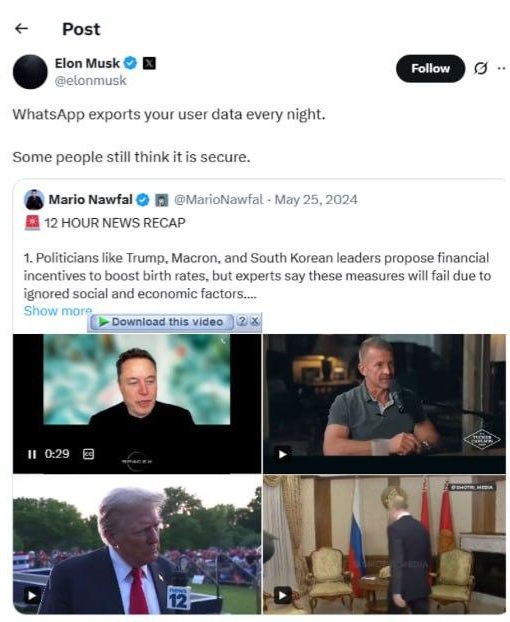 ایلان ماسک: پیام‌رسان واتساپ قابل اعتماد نیست