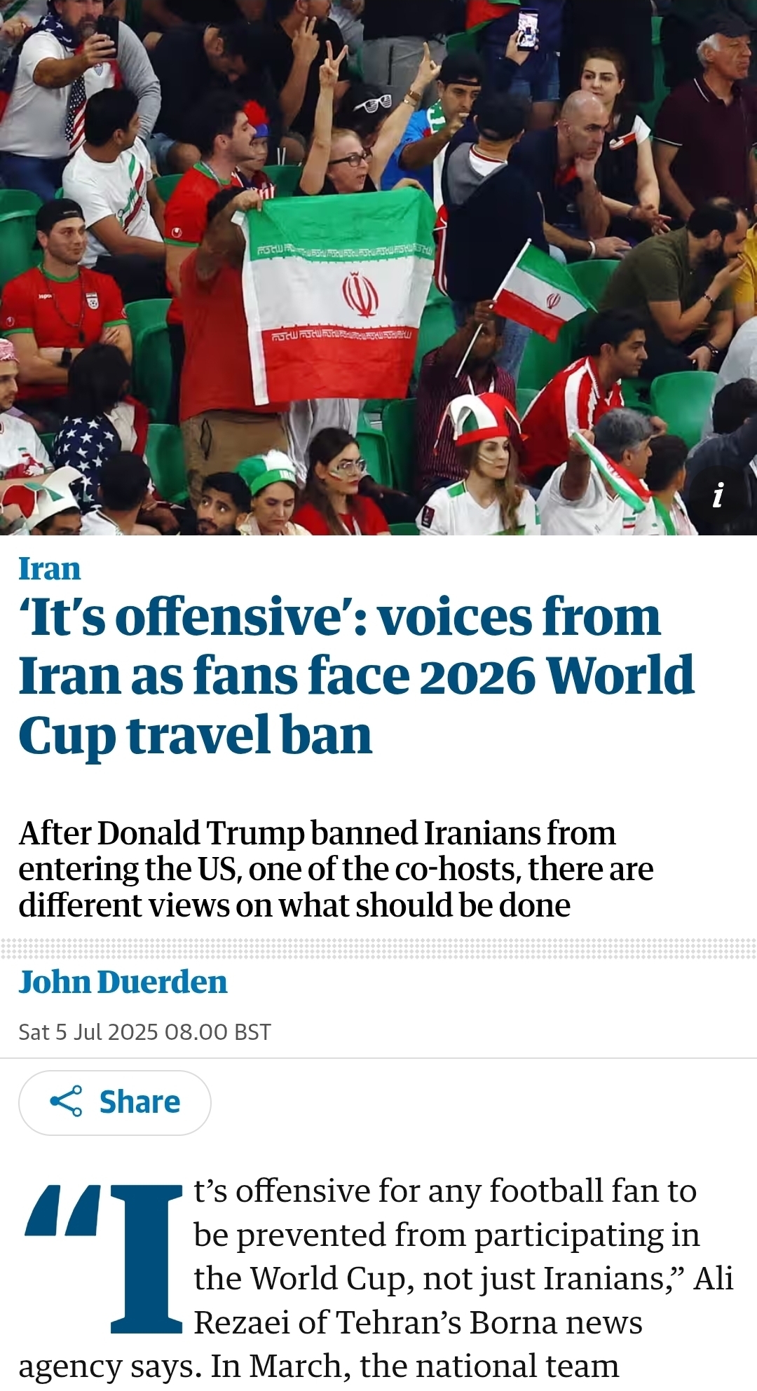 خبرنگار برنا به گاردین: ممنوعیت حضور ایرانیان در جام جهانی توهین‌آمیز است