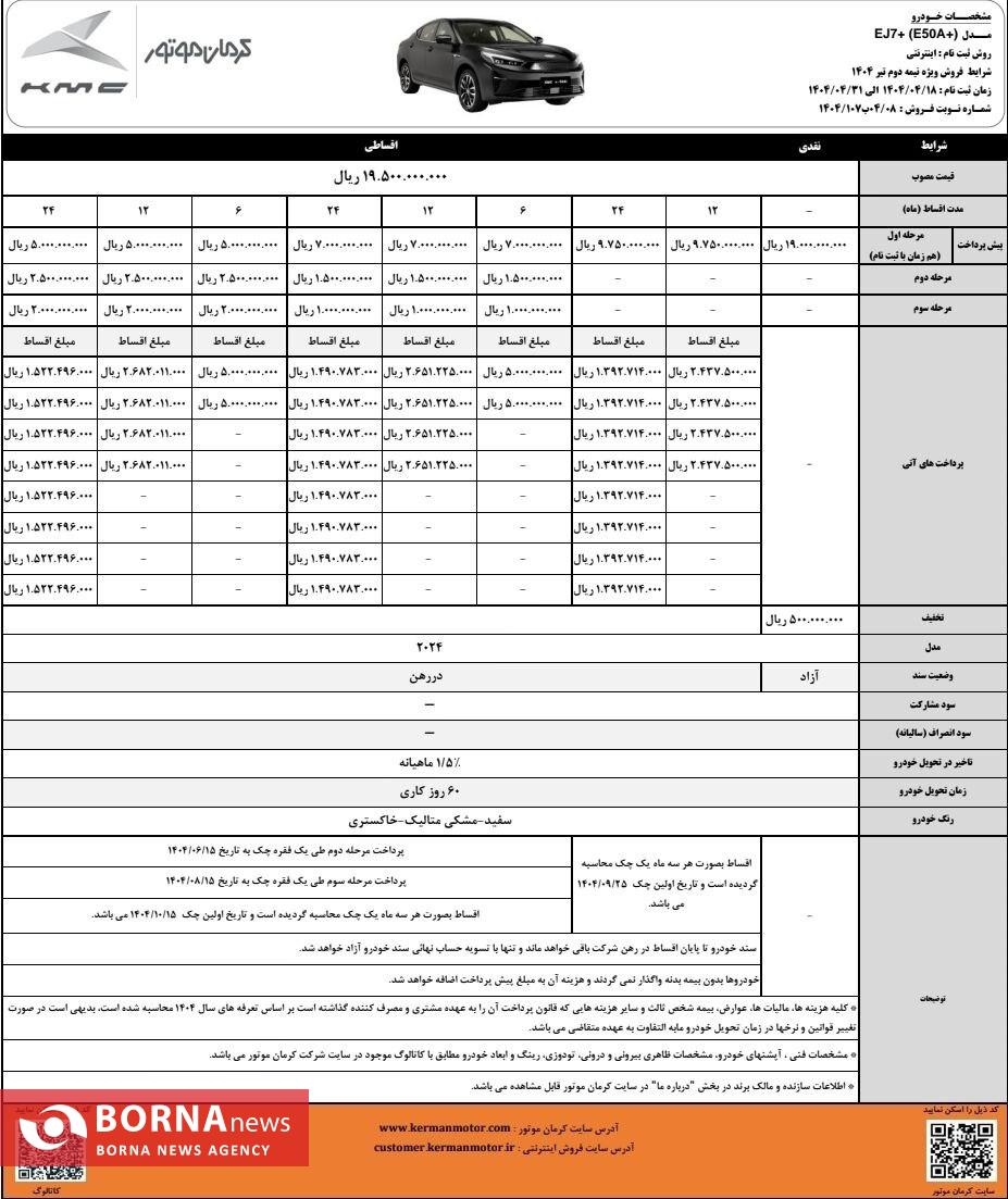 شرایط فروش اقساطی KMC EJ۷+ اعلام شد