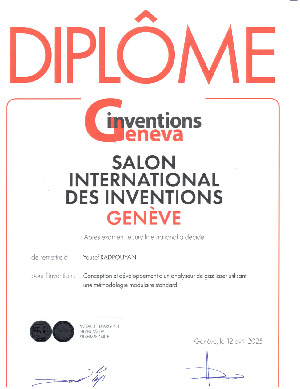 کسب مدال نقره مسابقات جهانی ژنو 2025  توسط مهندس یوسف رادپویان برای نوآوری بین‌المللی در صنعت آنالایزر گاز