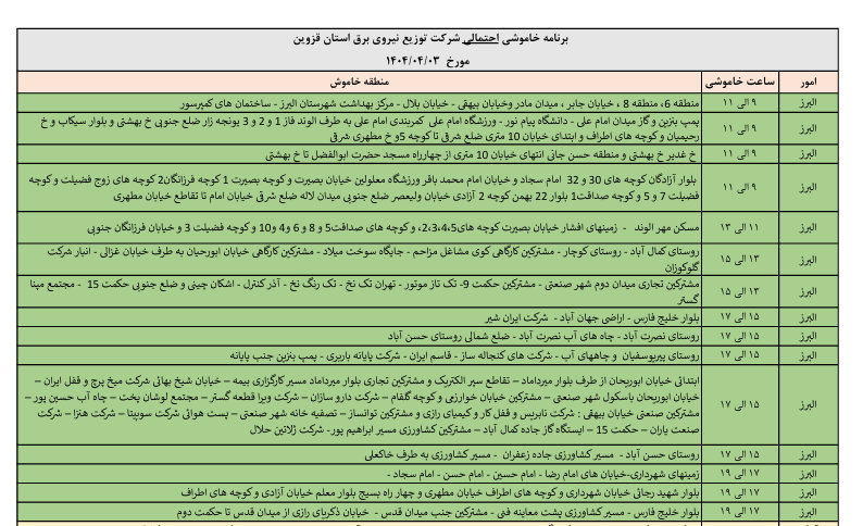 برنامه خاموشی های احتمالی برق استان قزوین اعلام شد برنامه خاموشی های احتمالی برق استان قزوین اعلام شد