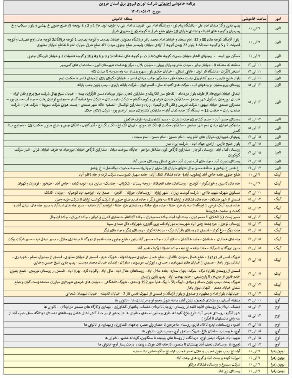 برنامه خاموشی روز پنجشنبه دوم مرداد ماه در قزوین اعلام شد