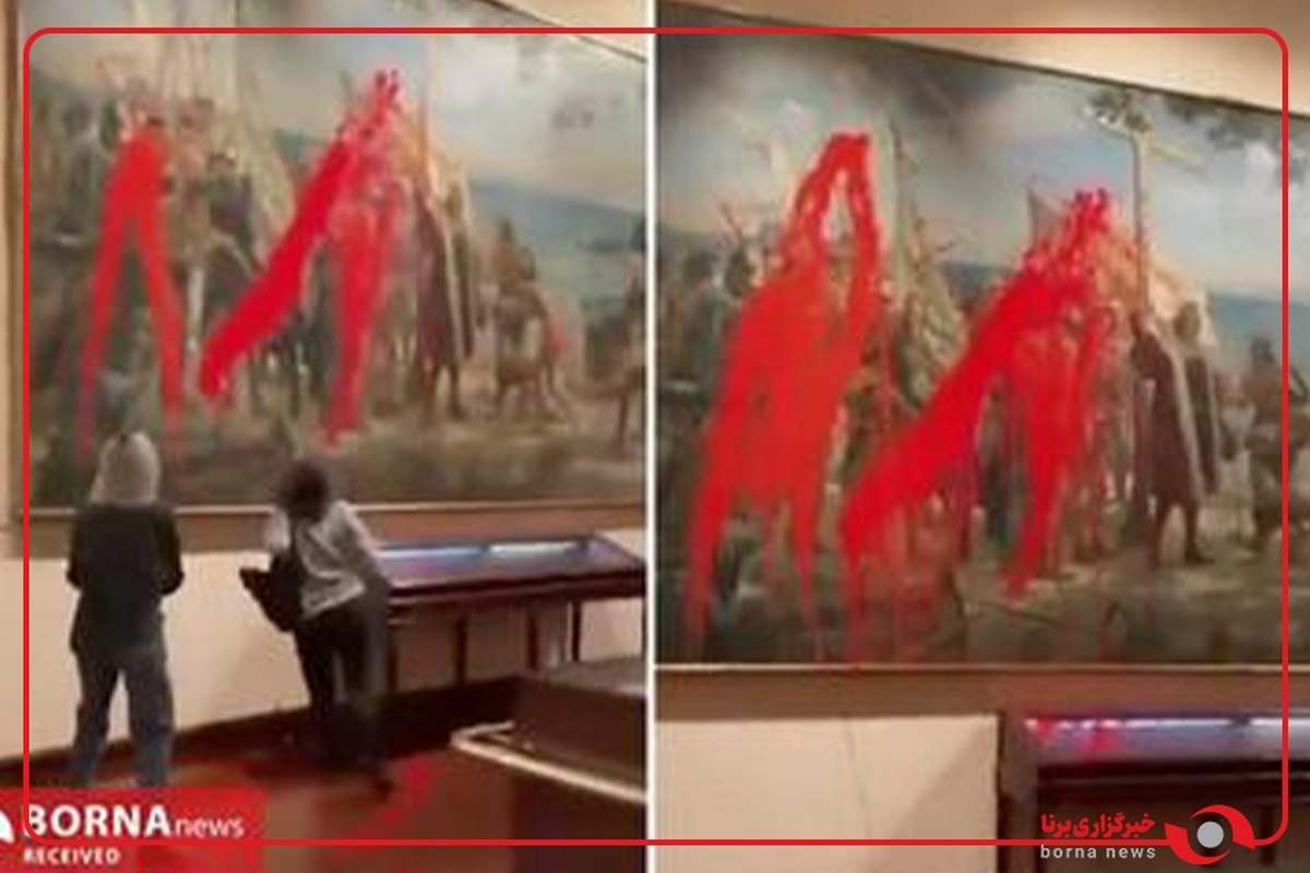 اعتراض محیط‌زیستی با رنگ قرمز روی نقاشی تاریخی کریستف کلمب در مادرید