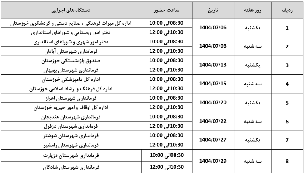 برنامه حضور مدیران دستگاه‌های اجرایی خوزستان در مرکز سامد استانداری اعلام شد