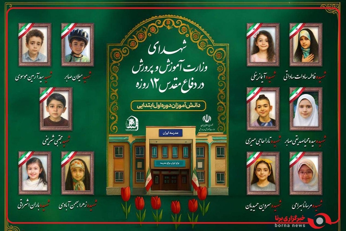 نقشه ایران مزین به تصویر شهدای دانش‌آموز جنگ تحمیلی ۱۲ روزه