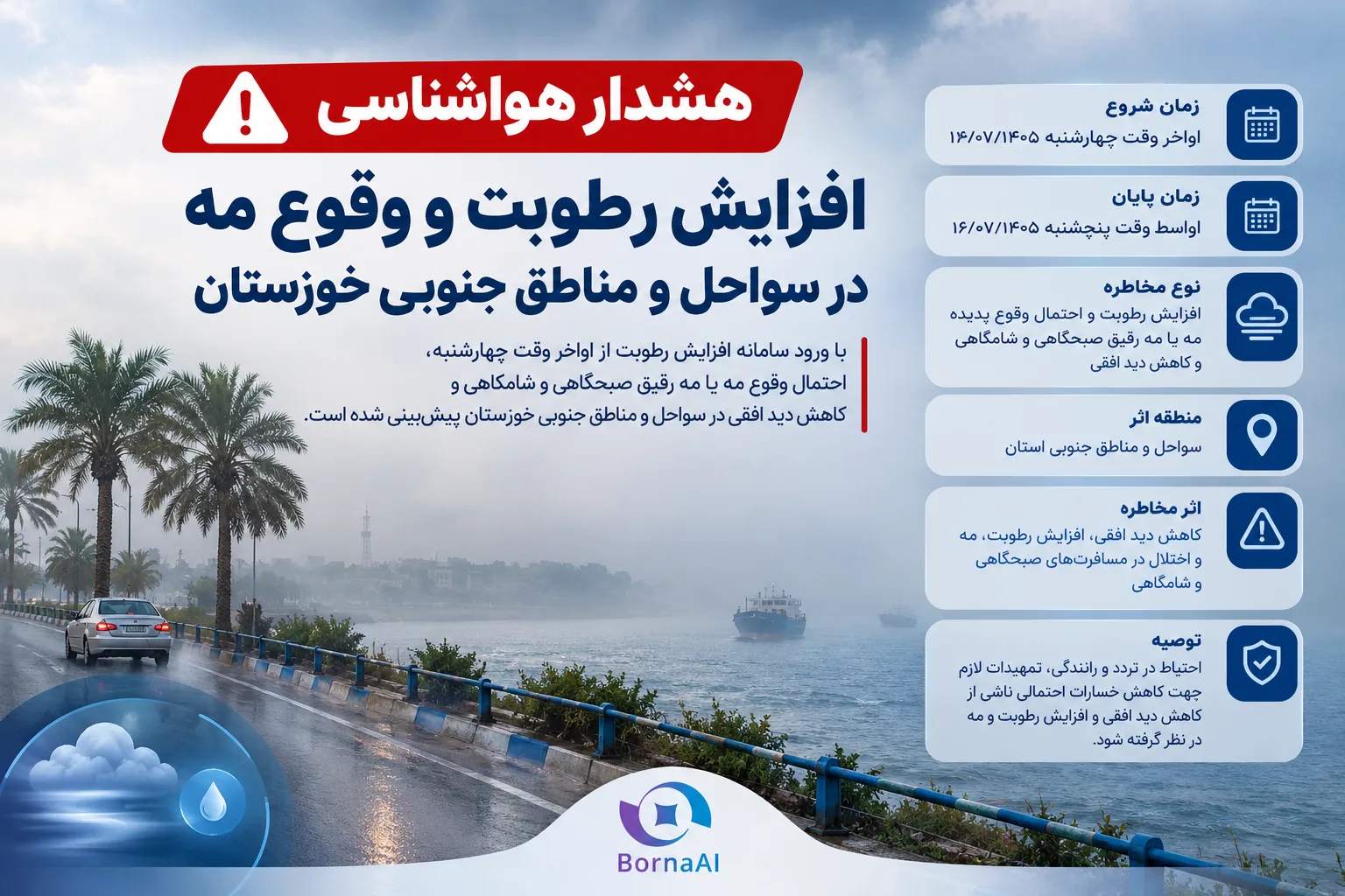 هشدار افزایش رطوبت و وقوع مه در سواحل و مناطق جنوبی خوزستان