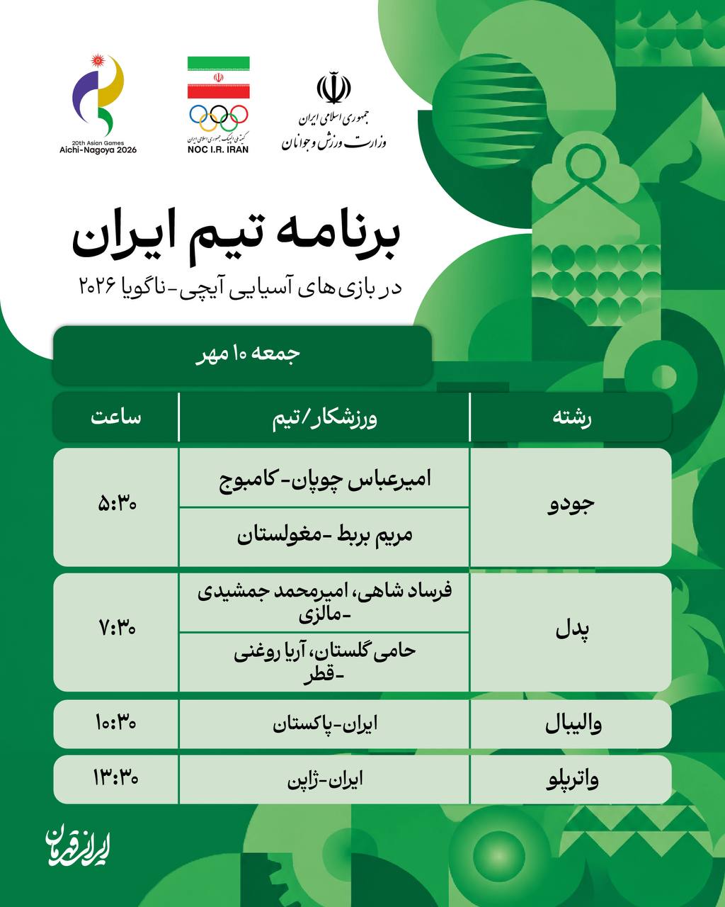 برنامه مسابقات نمایندگان ایران در بازی‌های آسیایی ناگویا/ دهم مهر ماه