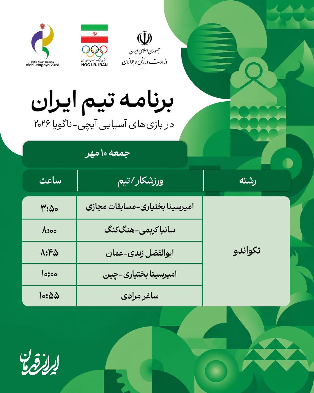 برنامه مسابقات نمایندگان ایران در بازی‌های آسیایی ناگویا/ دهم مهر ماه