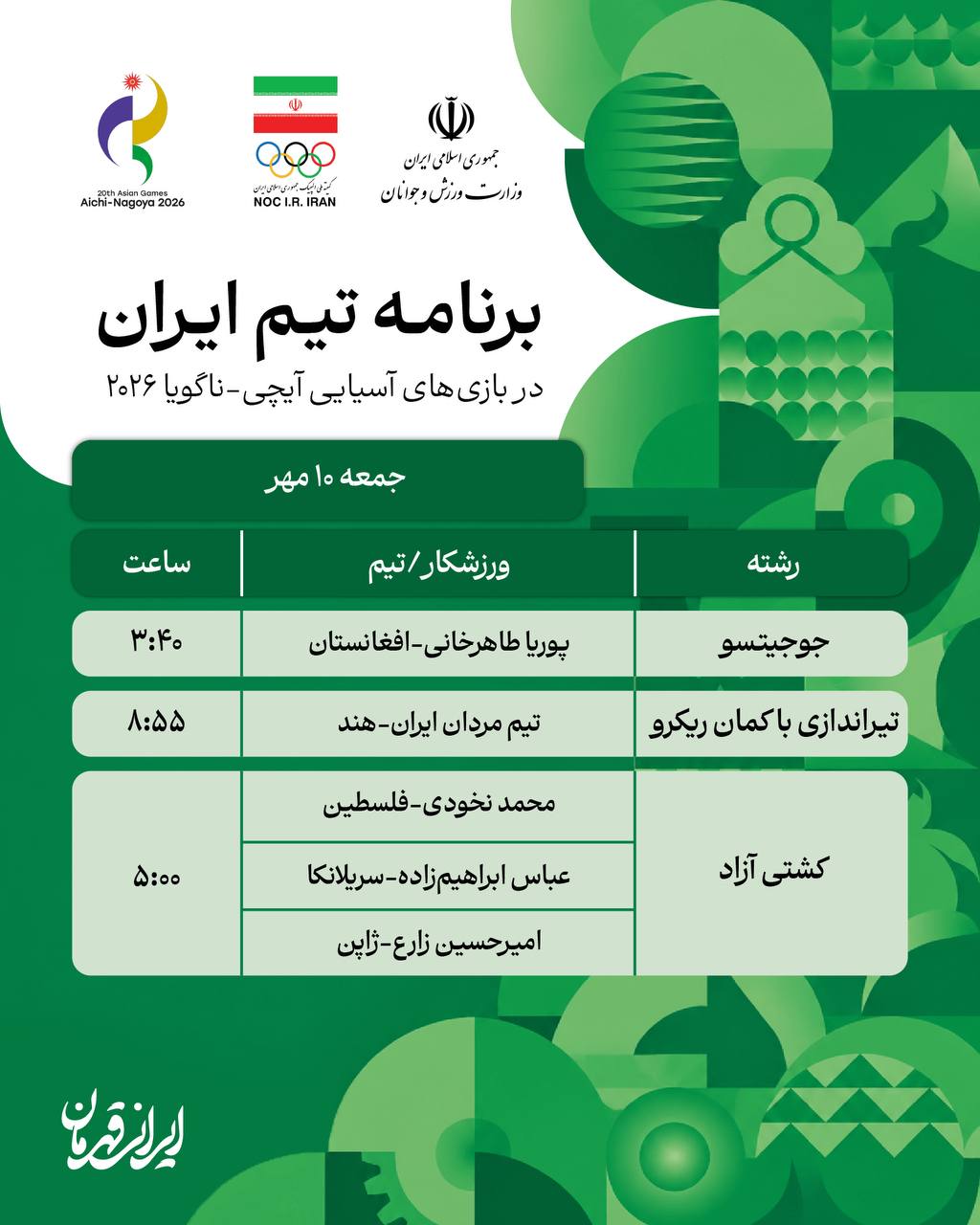 برنامه مسابقات نمایندگان ایران در بازی‌های آسیایی ناگویا/ دهم مهر ماه